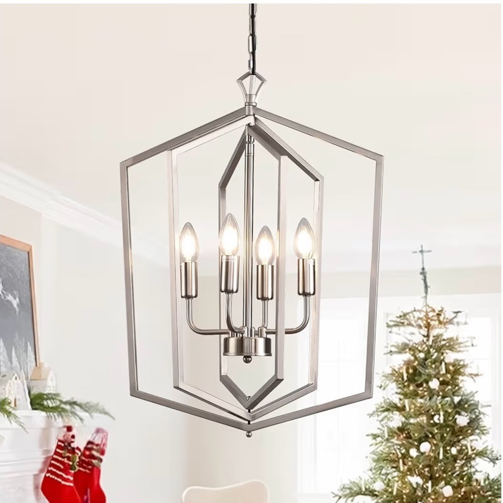 NEW 18.1” Silver 4 Light Chandelier, Farmhouse Foyer Lighting Fixture
